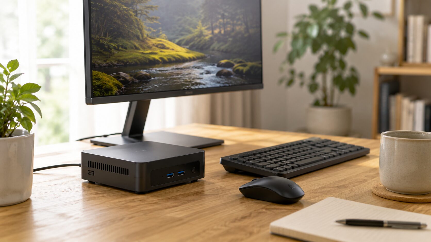 木製デスクにミニPCとモニター、キーボード、マウスを配置した省スペースな作業環境