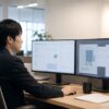 オフィスで2台の平面モニターを使い、複数の業務画面を見比べながら作業する男性