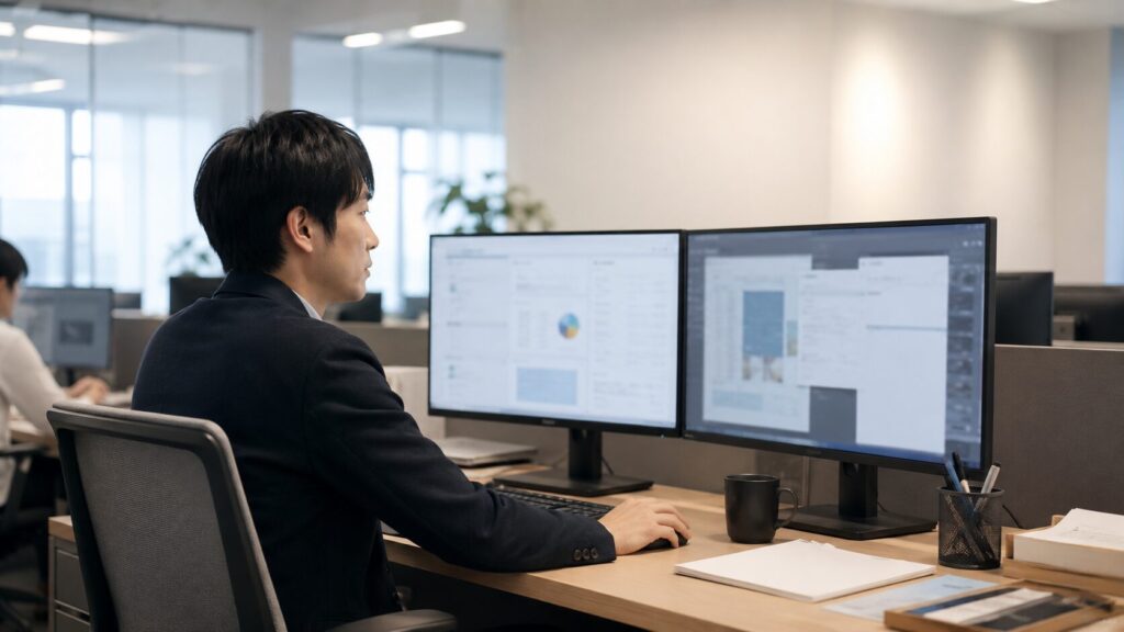 オフィスで2台の平面モニターを使い、複数の業務画面を見比べながら作業する男性