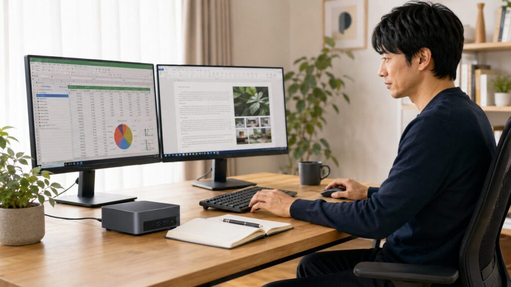 ミニPCを接続した2台のモニターで表計算と資料作成を進める男性