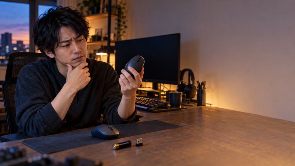 2台のコンパクトなワイヤレスマウスと乾電池、USBレシーバーを見比べながら選択を検討する男性