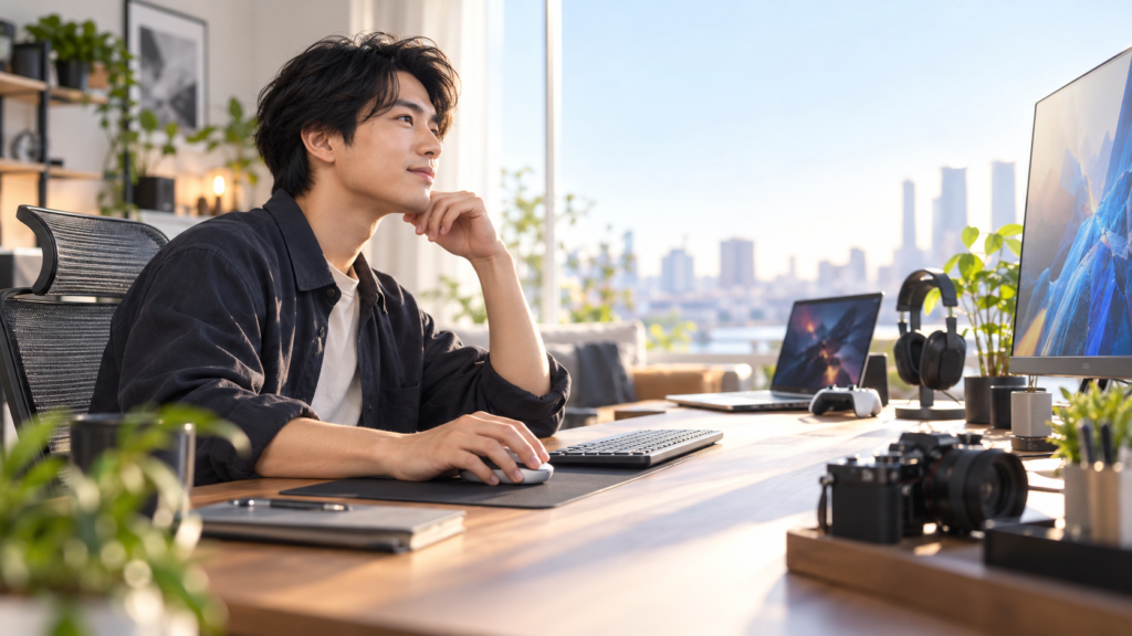 モニターやノートPC、カメラを備えた作業環境で、ワイヤレスマウスを使ってPC操作を行う男性