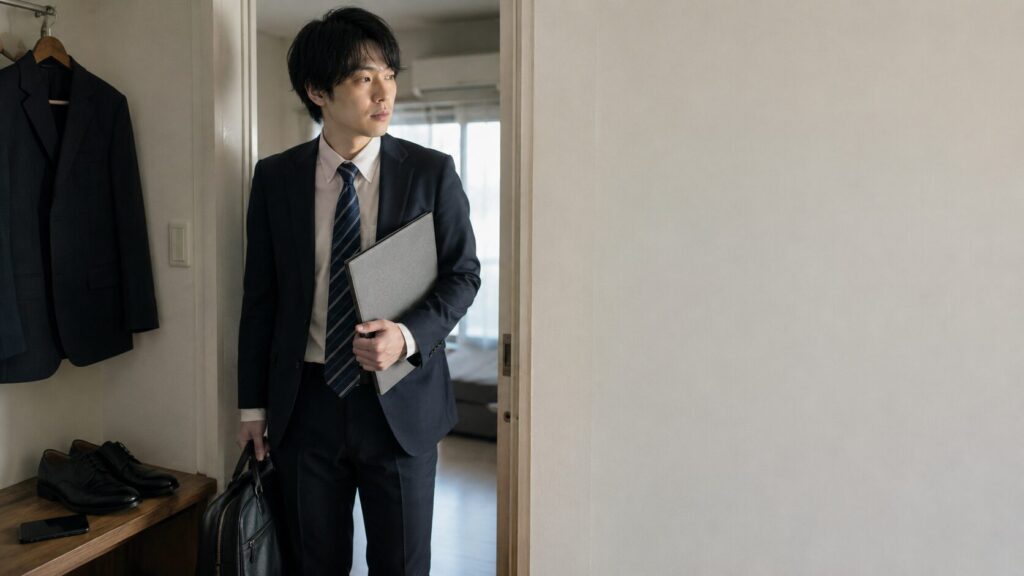出勤前の玄関で書類ケースと仕事用バッグを持ち、転職相談を検討する男性