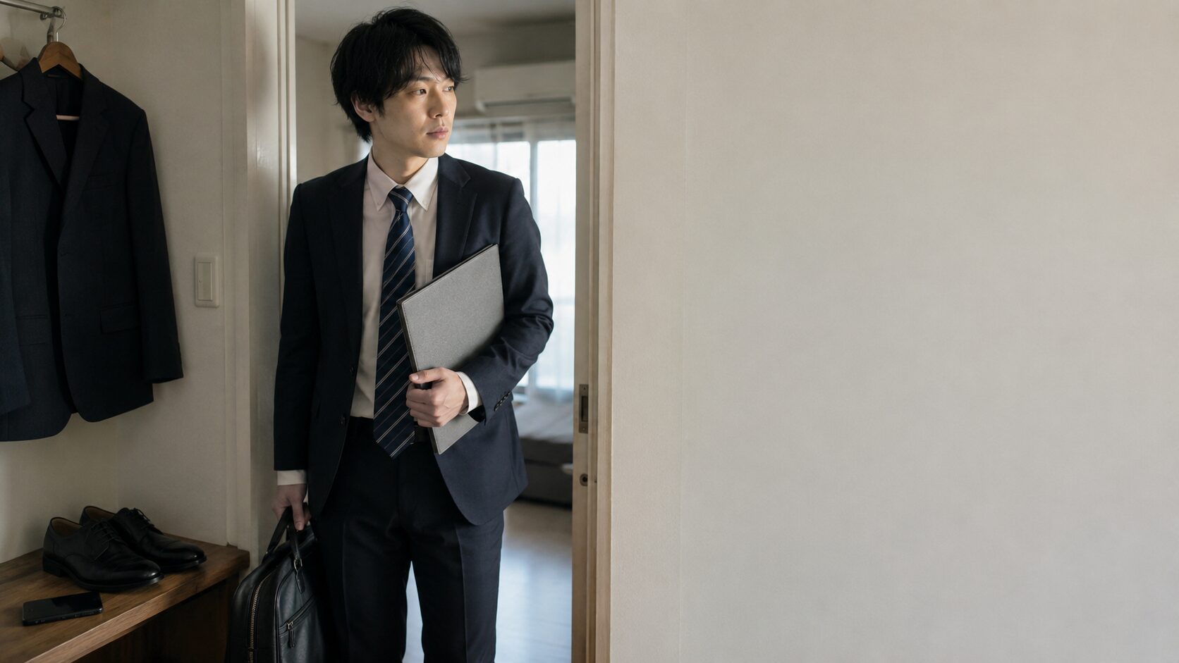 出勤前の玄関で書類ケースと仕事用バッグを持ち、転職相談を検討する男性