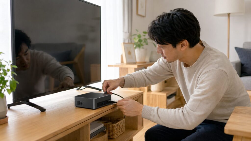リビングの大型テレビ横でミニPCに接続ケーブルを取り付ける男性