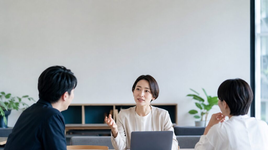 明るいオフィスで同僚と話し合いながら、新しい仕事の進め方を共有する女性
