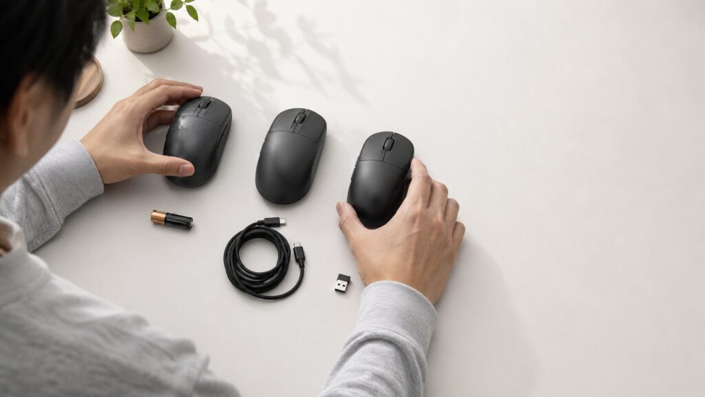 電池式とUSB充電式を含む3台の卵型マウスと付属品を整理して比較する手元
