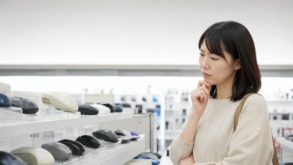 家電量販店のマウス売り場で、形状の異なる複数機種を見比べる女性
