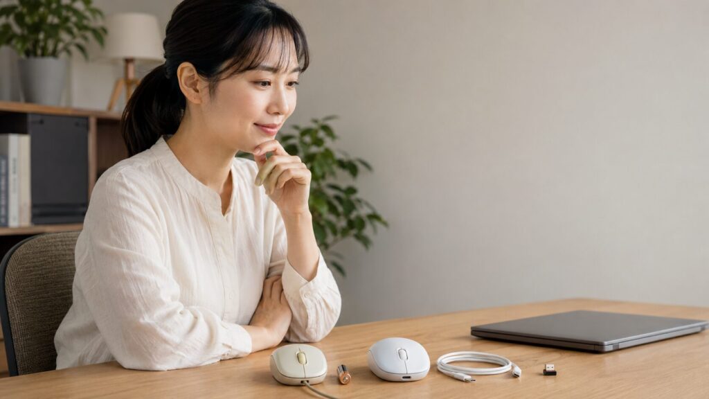 電池式マウスとUSB充電式マウス、ケーブル、受信機を机上で確認する女性