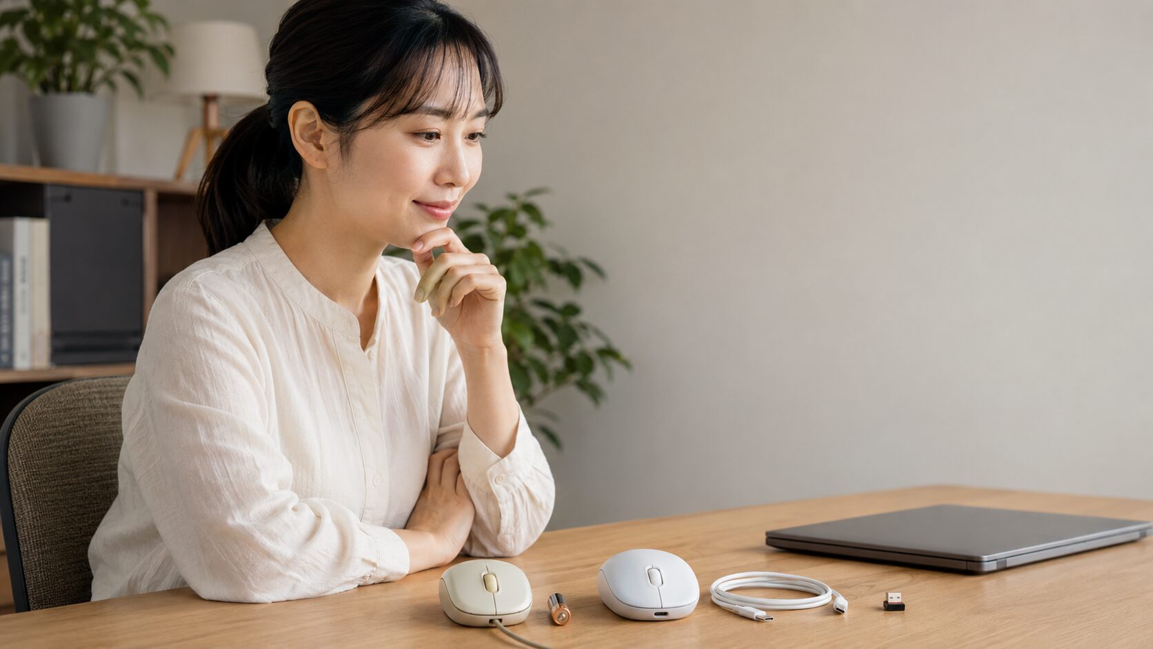 電池式マウスとUSB充電式マウス、ケーブル、受信機を机上で確認する女性