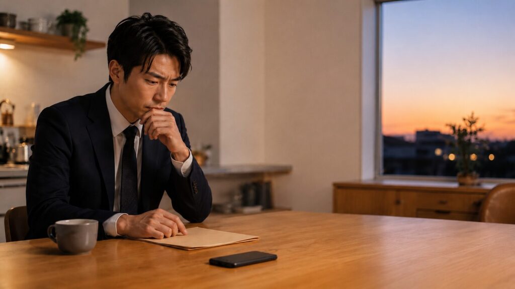 夕暮れの自宅で伏せたスマートフォンと書類を前に、応募判断を慎重に考える男性
