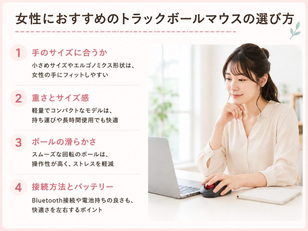 ノートパソコン横でトラックボールを使う女性と、手のサイズや重さなど4つの選定項目を示した図