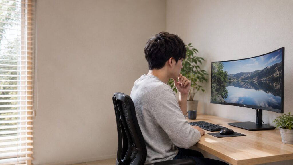湾曲モニターを十分な距離から見て、画面全体の見え方を確認する男性