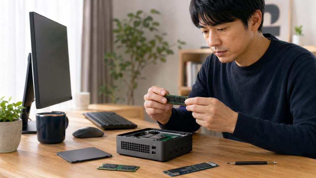 開いたミニPCの内部を確認しながら、メモリとSSDを手に取る男性