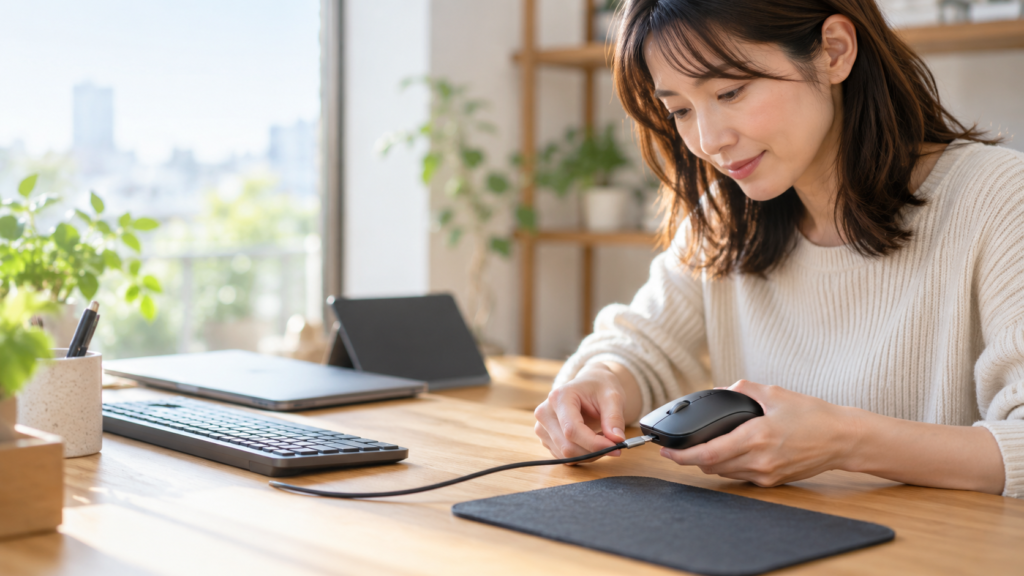 USB-Cケーブルをコンパクトなワイヤレスマウスへ接続し、使用前のセットアップを進める女性