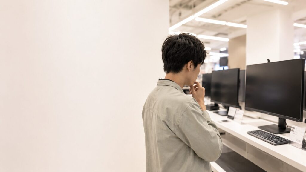 複数の大型モニターが並ぶ売り場で、画面サイズを見比べる男性