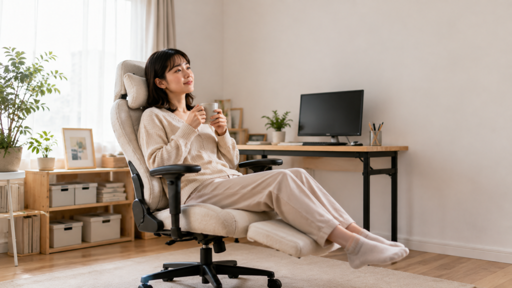 淡いベージュのチェアでフットレストに脚を伸ばし、カップを手に休憩する女性