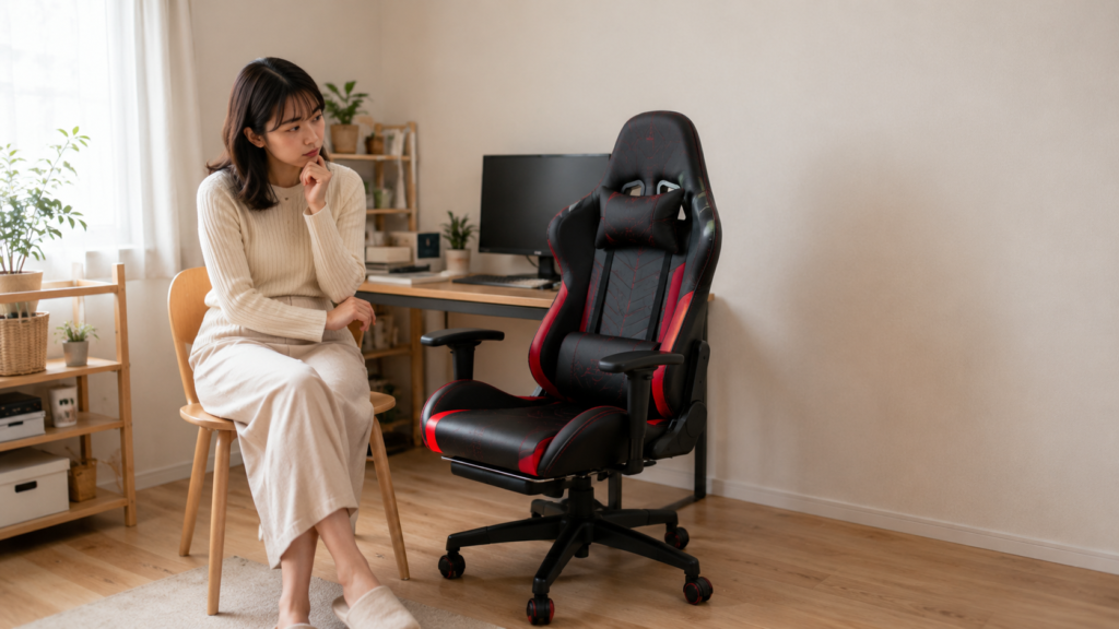 木目の仕事部屋で、黒と赤のレーシング調ゲーミングチェアを見つめながら検討する女性