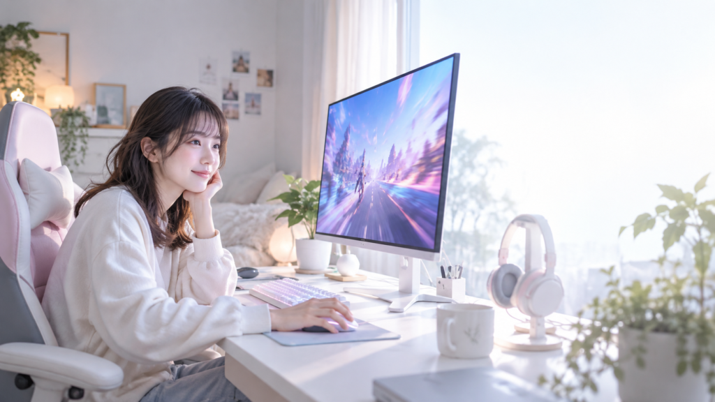 白を基調としたデスクで大型モニターとキーボード、マウスを使うゲーミング環