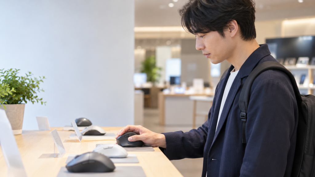 家電売り場の展示台で複数のマウスを前に、サイドボタン付きマウスの握り心地を試す男性