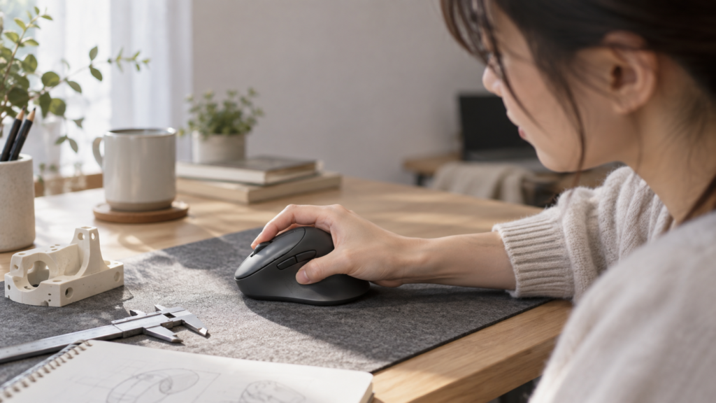 設計部品とノギスを置いたデスクで、大型の多ボタンマウスを手のひら全体で握って操作感を確かめる女性