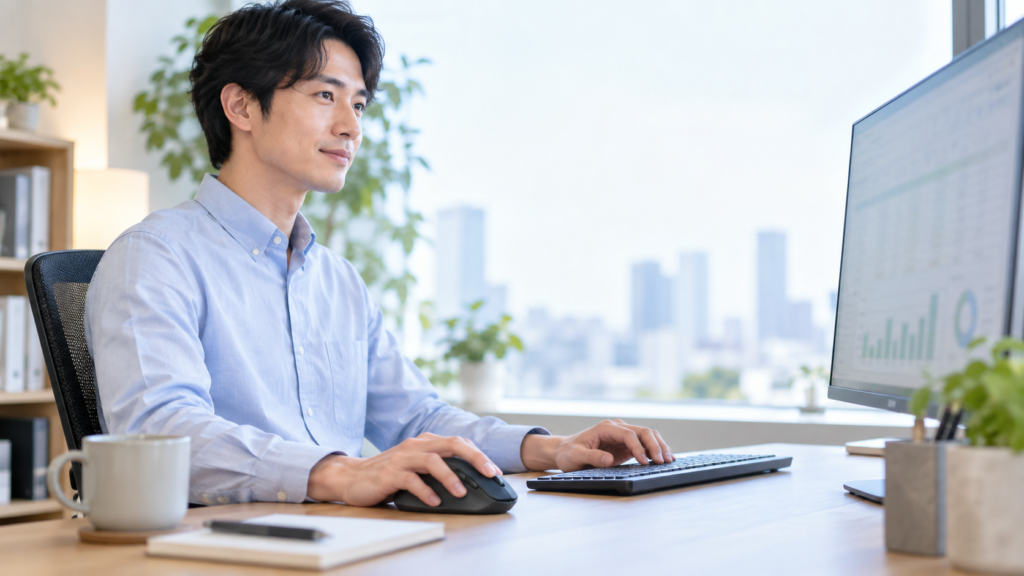 明るいワークスペースで表計算データを確認し、マウスとキーボードを自然に使い分ける男性