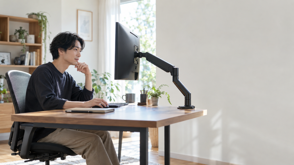 黒いモニターアームにディスプレイを固定し、机上を広く使いながら画面に向かうホームオフィス環境