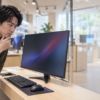 家電売り場でゲーミングモニターの画面やスタンドを近くから確認し、購入を検討する男性