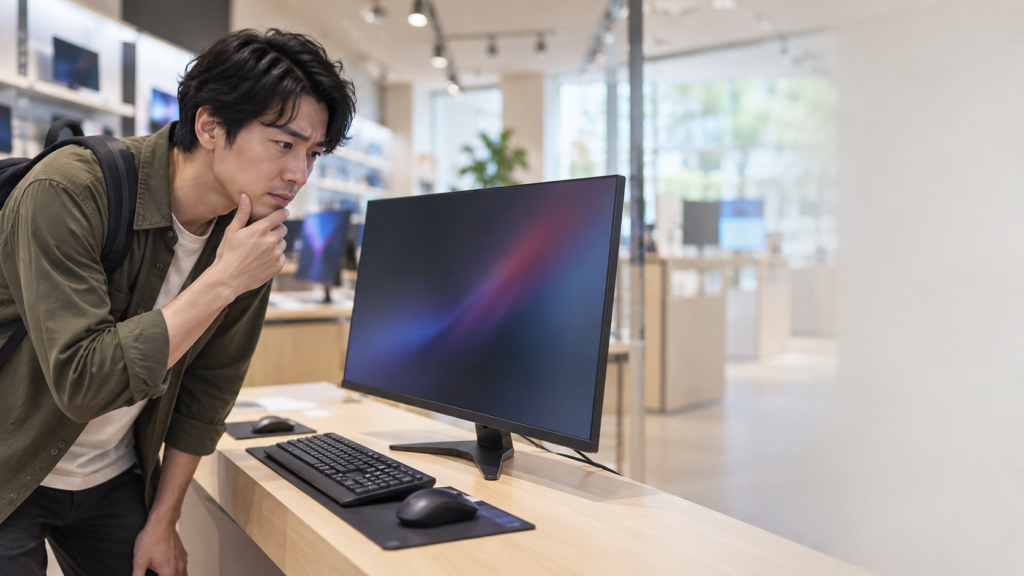 家電売り場でゲーミングモニターの画面やスタンドを近くから確認し、購入を検討する男性