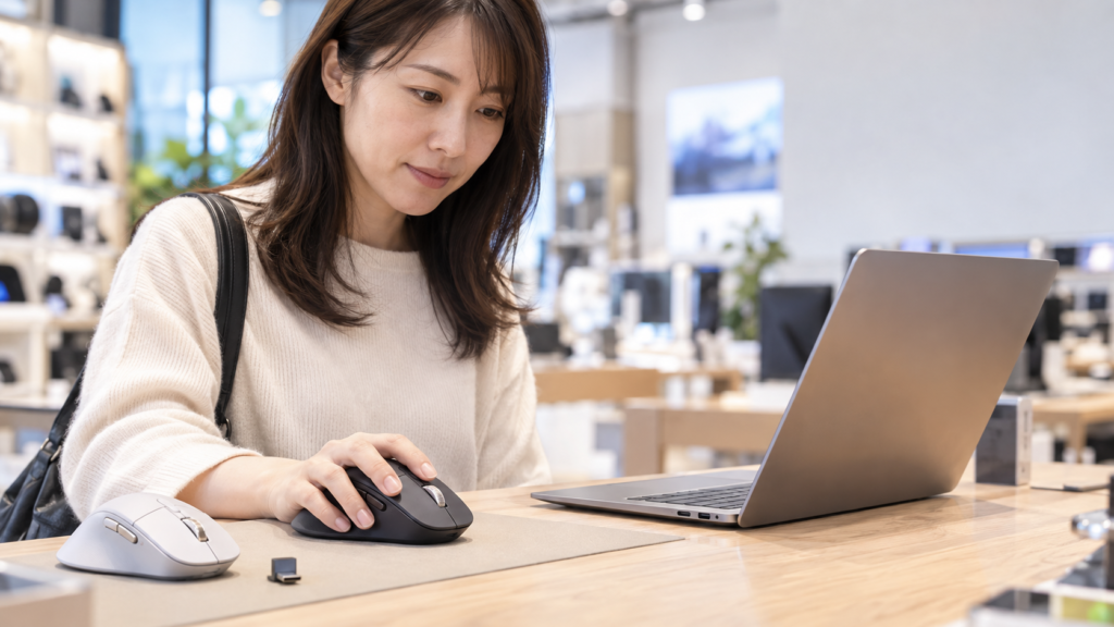 家電店の展示台で黒いエルゴノミクスマウスを操作し、淡いグレーの別モデルやUSBレシーバーと見比べる女性