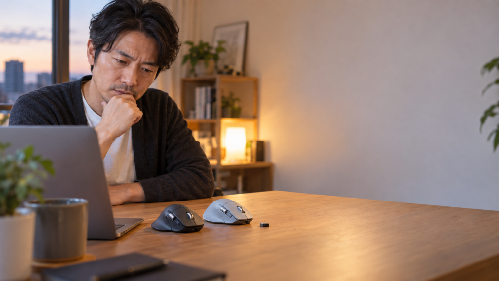 デスク上の黒と淡いグレーのエルゴノミクスマウスを前に、ノートPCを見ながら購入モデルを検討する男性