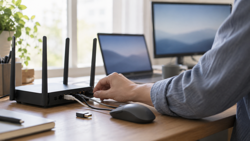 ルーターの接続部を手で確認し、周囲にUSBレシーバーとマウス、2台のパソコンが並ぶ作業環境