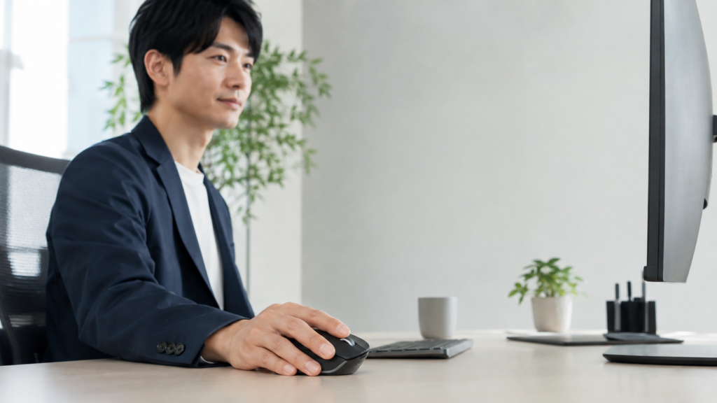 整えられた仕事用デスクでエルゴノミクスマウスを自然に操作し、モニターに向かって作業する男性