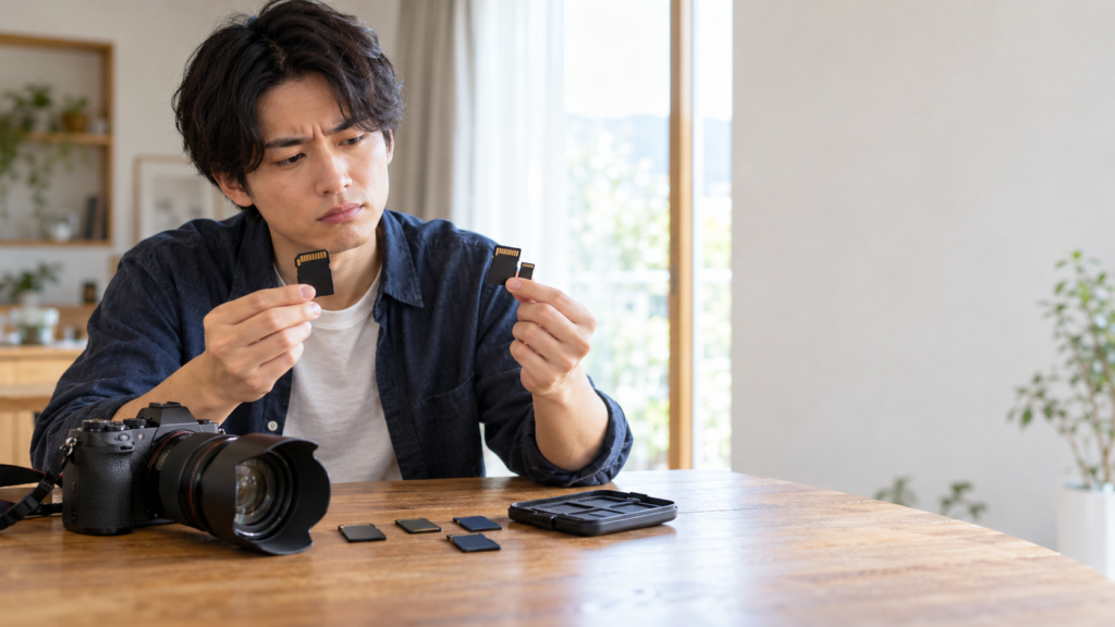 SDカードとmicroSDの形状の違いを見比べ、カメラに合うカードを確認する男性