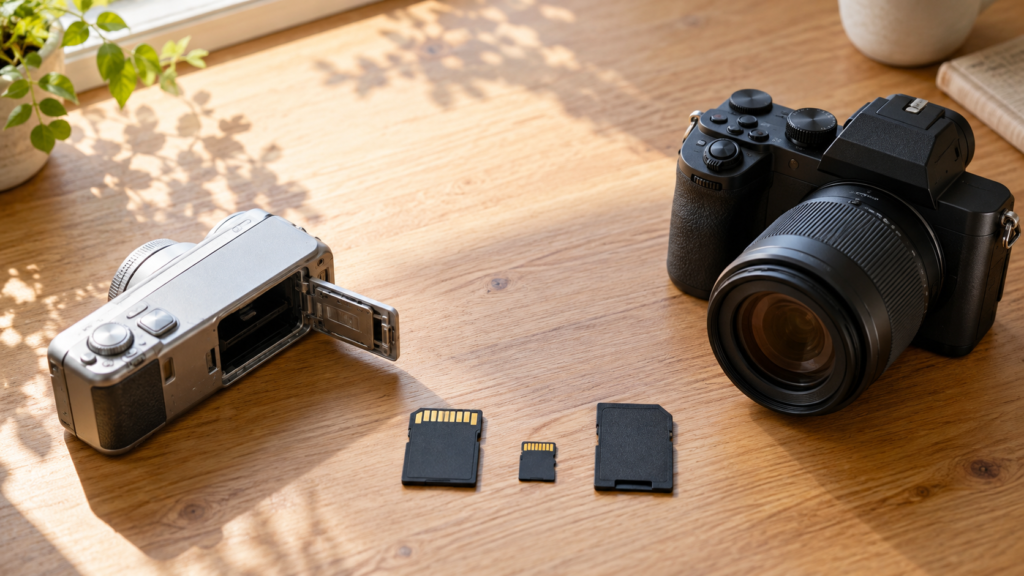 カードスロットを開いたコンパクトカメラとミラーレスカメラの間にSDカードとmicroSDカードを並べた卓上