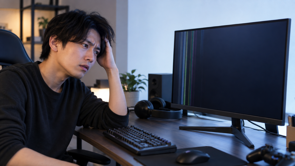 縦方向の色線が表示されたモニターを、キーボードや周辺機器のあるデスクで確認する男性