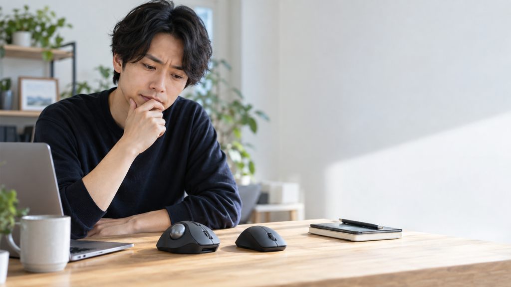 ノートPCの横で、木製デスク上の親指操作型トラックボールと通常マウスを並べて見比べる男性