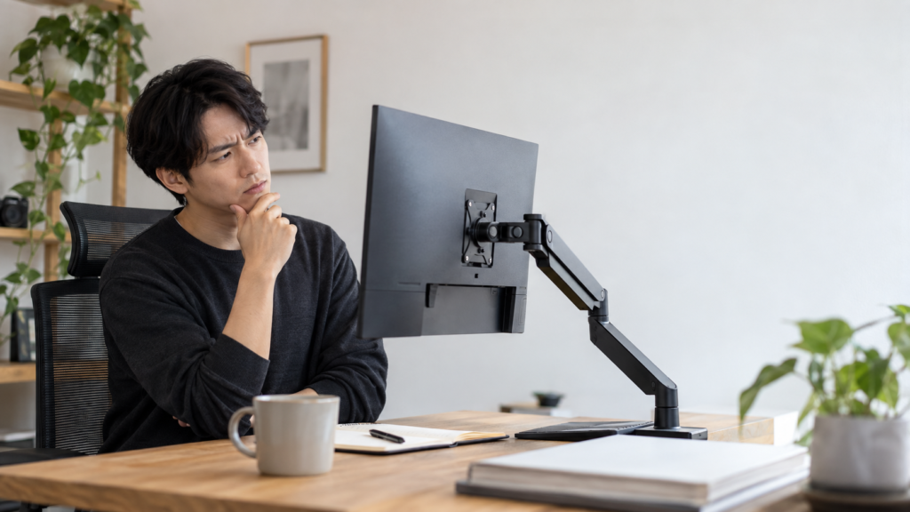 可動式の黒いモニターアームとVESA取付部を確認しながら、デスクで画面位置を見定める男性