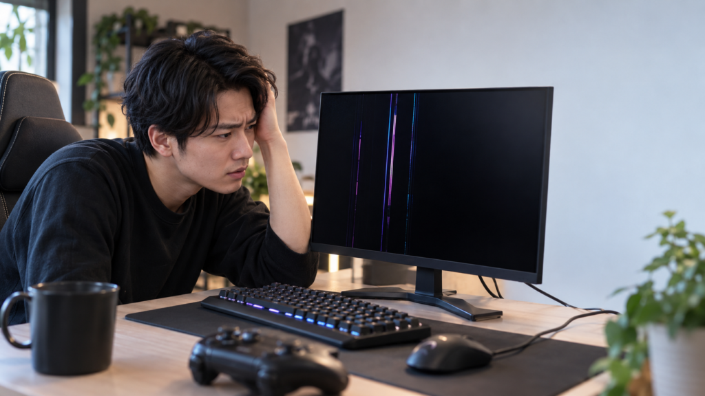 黒い画面に複数の縦線が入ったモニターを、ゲームコントローラーのある環境で見つめる男性