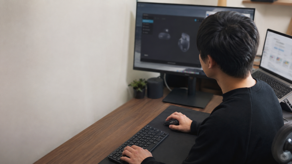 大画面モニターの設定画面を見ながら、マウスとキーボードを操作してカスタマイズを進める男性