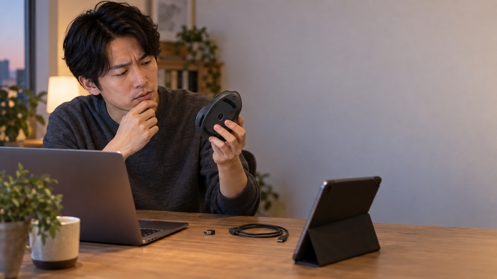 ノートPCとタブレットを前に、USB-Cケーブルや小型レシーバーを置き、マウス底面を確認する男性