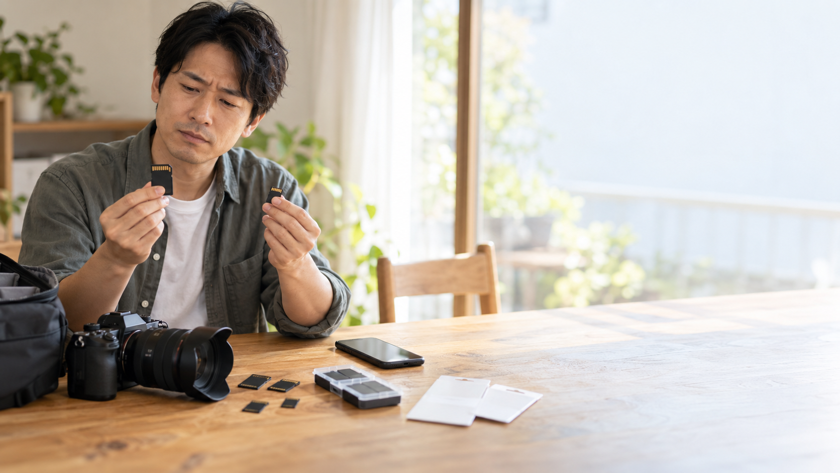 カメラやスマホ用のSDカードとmicroSDカードを手に取り、複数のカードを見比べる男性