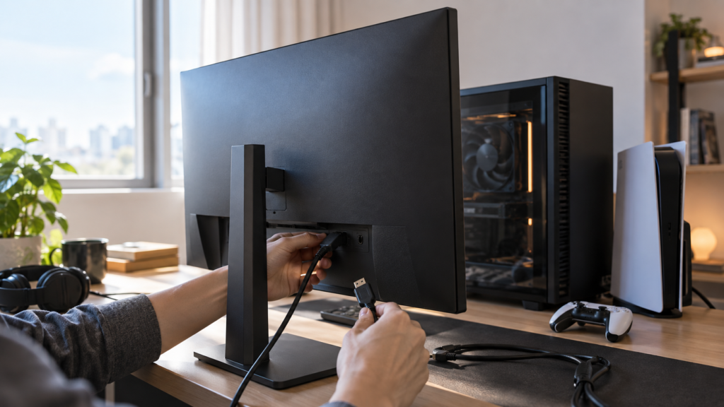 ゲーミングモニター背面の接続端子にケーブルを挿し、PCやゲーム機との接続環境を確認する手元