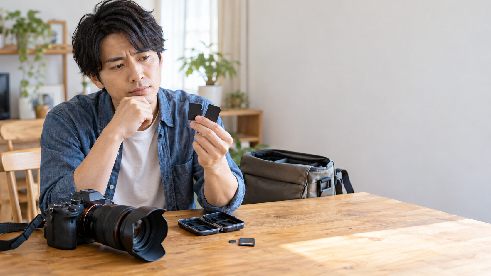 カメラとカードケースを前に、2枚のSDカードを手に取って種類の違いを見比べる男性