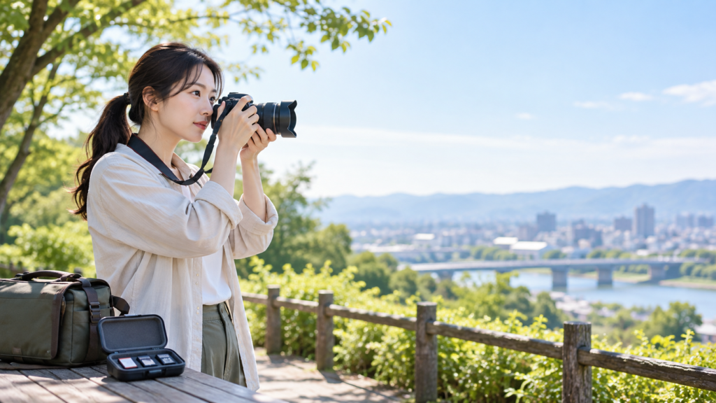 複数のメモリーカードを収めたケースとカメラバッグをそばに置き、屋外でカメラを構える女性