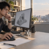 3D CADモデルを表示したモニターを見ながら大型マウスを操作し、ノギスと金属部品を並べて作業する男性
