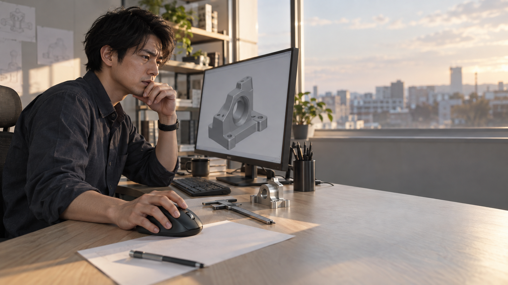 3D CADモデルを表示したモニターを見ながら大型マウスを操作し、ノギスと金属部品を並べて作業する男性