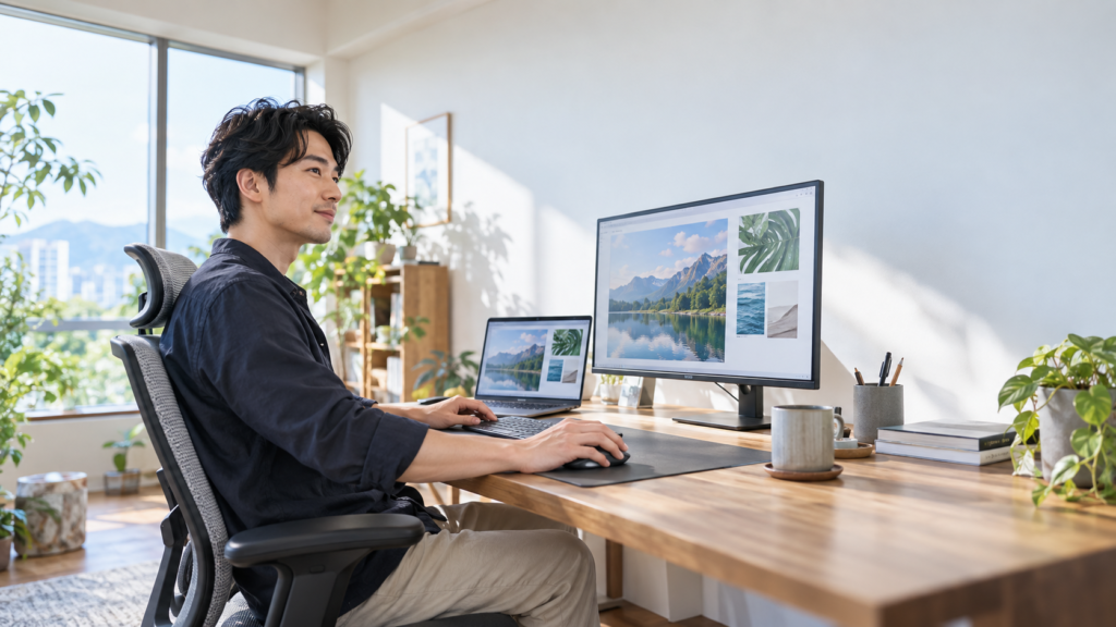 同じ画像素材を表示したノートPCと外部モニターを、1台のマウスとキーボードで操作する明るいデスク環境