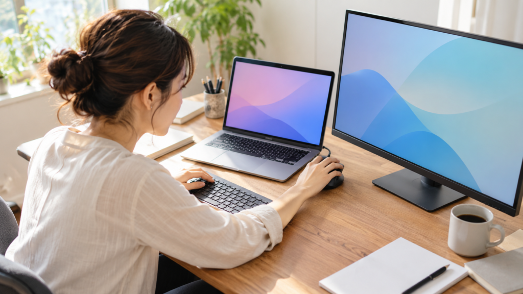 ノートPCと外部モニターを並べ、マウスとキーボードで複数PCの操作環境を整える女性