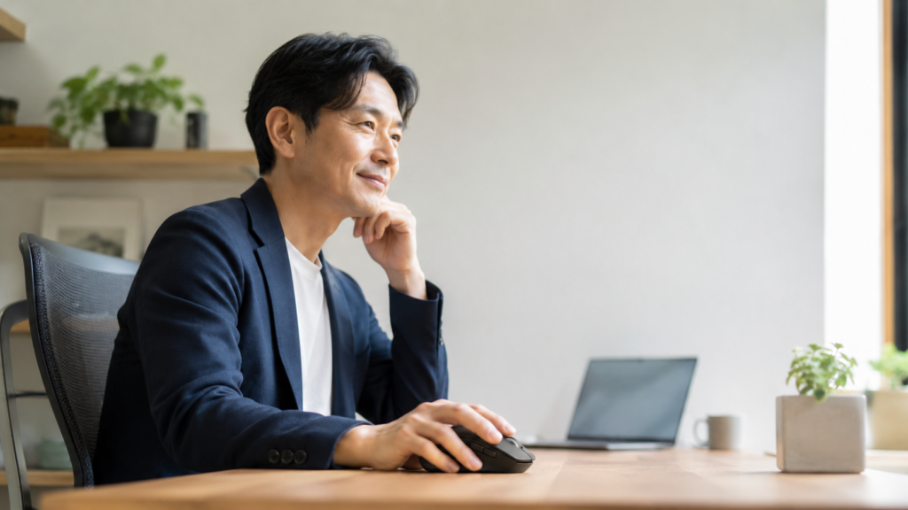 明るいワークスペースの木製デスクで、エルゴノミックマウスを操作しながらパソコン作業をする男性